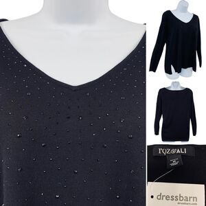 Roz & ALI Black Beaded Embellished V-Neck Sweater Sz. M NWT